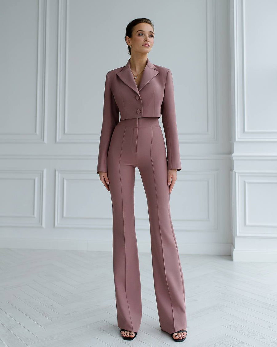 Beige Cropped Blazer Suit with Trousers