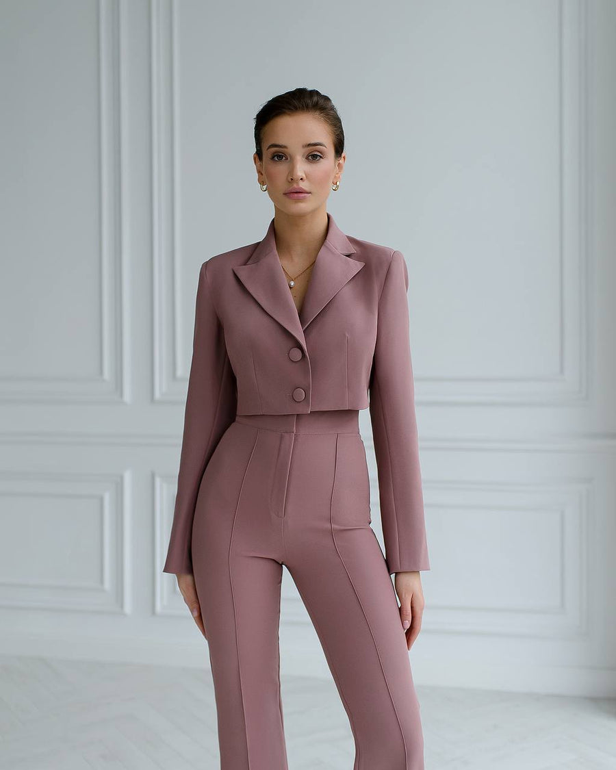 Beige Cropped Blazer Suit with Trousers