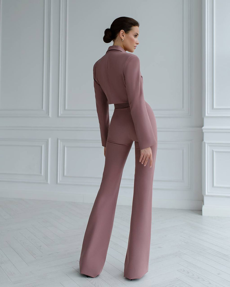 Beige Cropped Blazer Suit with Trousers