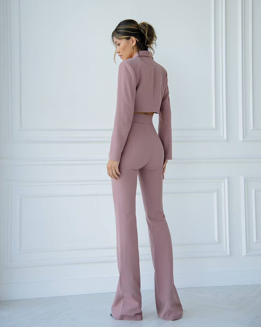 Beige Cropped Blazer Suit with Trousers
