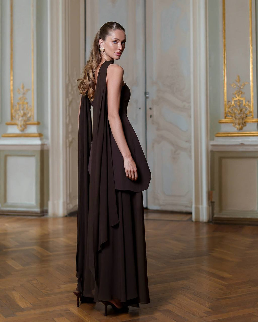 Asymmetric Cocktail Dress with Chiffon Skirt and Scarf