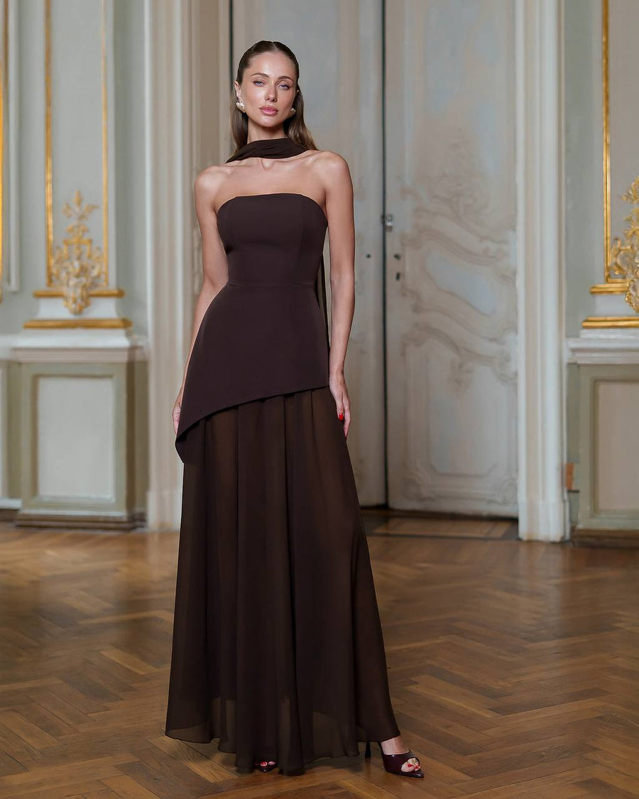 Asymmetric Cocktail Dress with Chiffon Skirt and Scarf