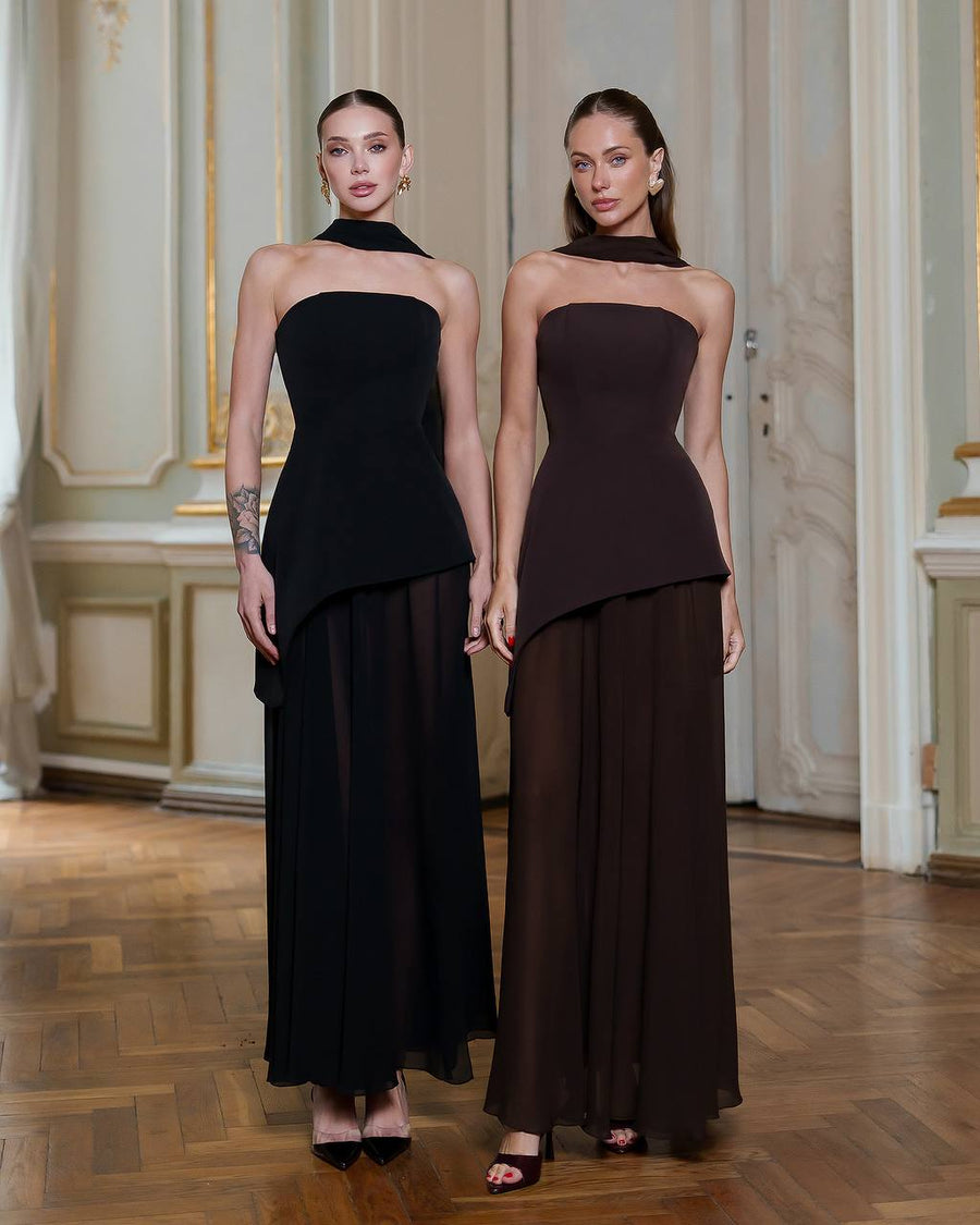 Asymmetric Cocktail Dress with Chiffon Skirt and Scarf