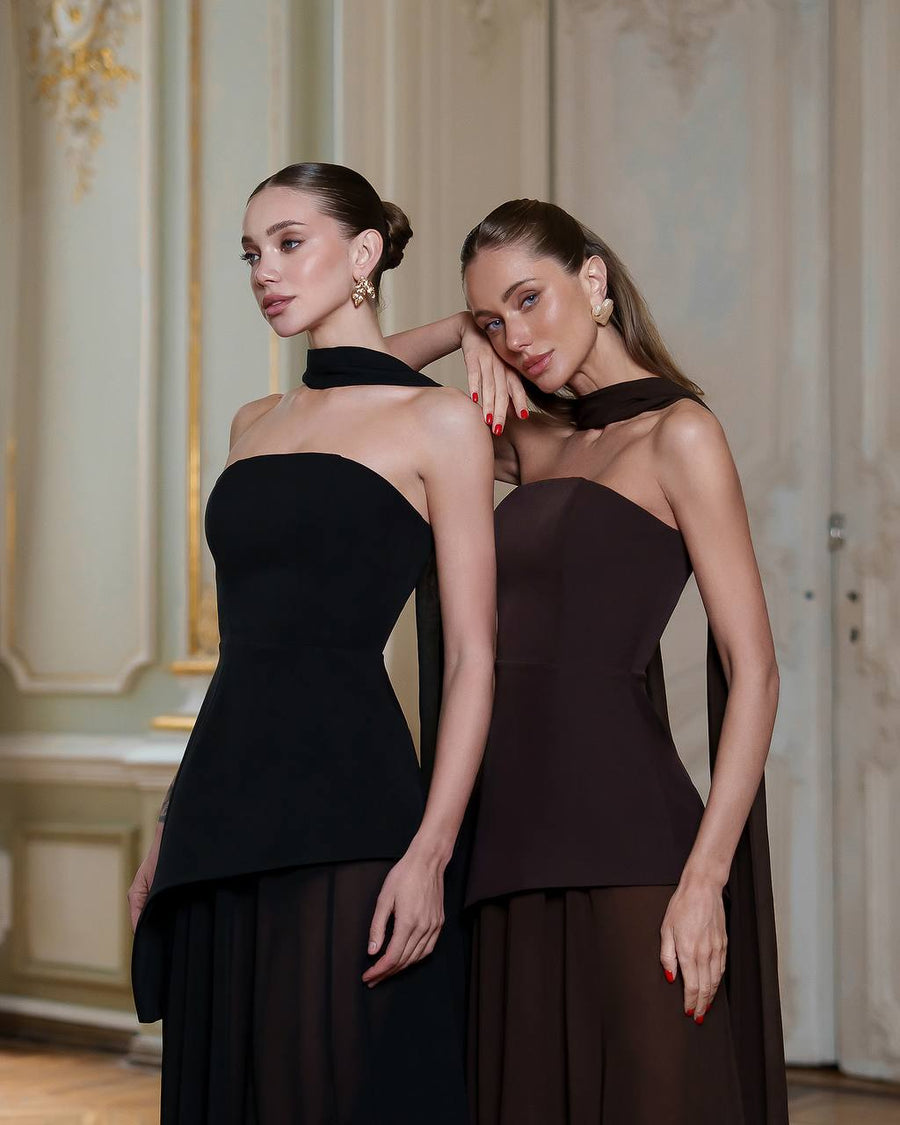 Asymmetric Cocktail Dress with Chiffon Skirt and Scarf