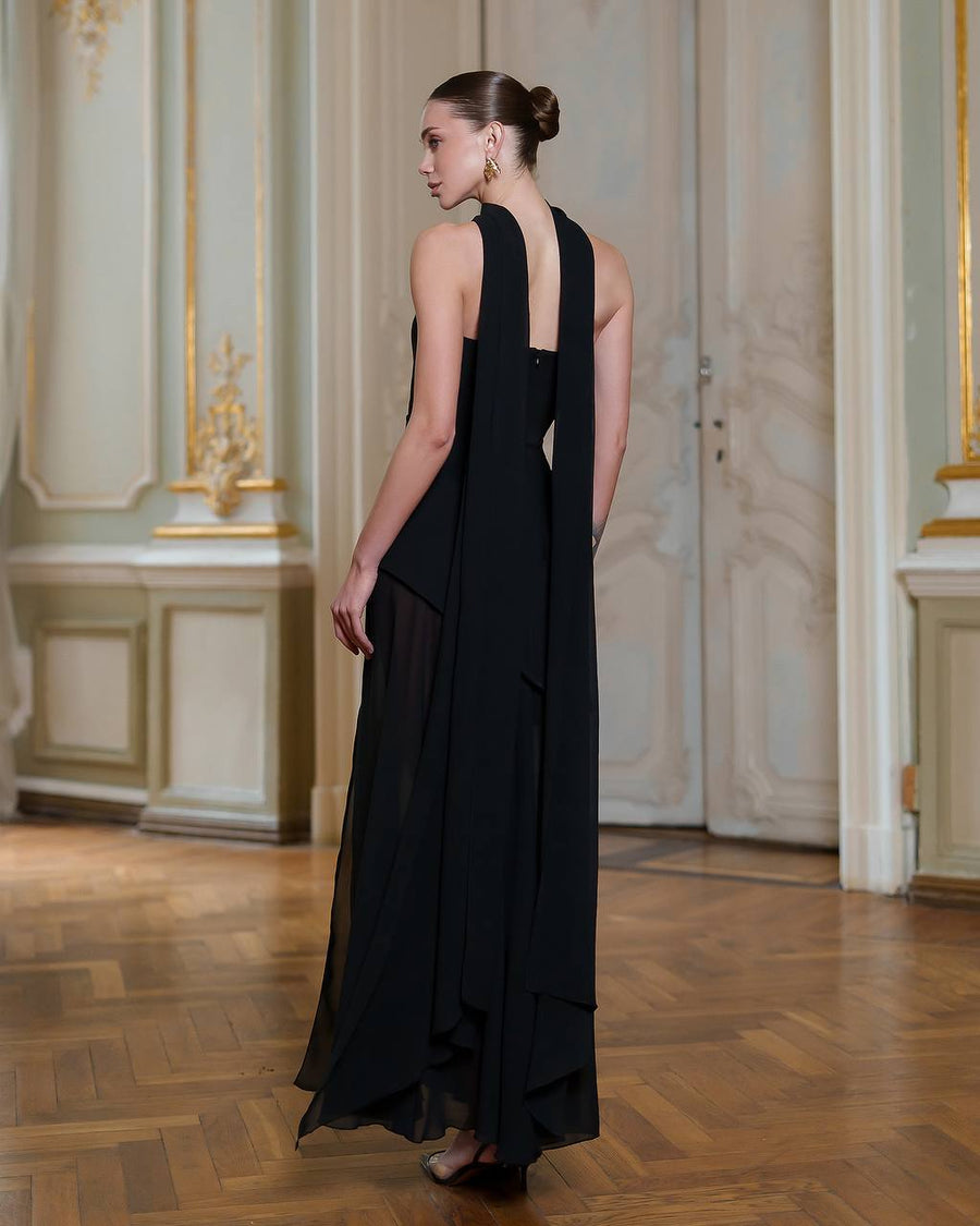 Asymmetric Cocktail Dress with Chiffon Skirt and Scarf