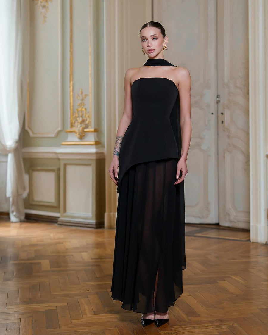 Asymmetric Cocktail Dress with Chiffon Skirt and Scarf