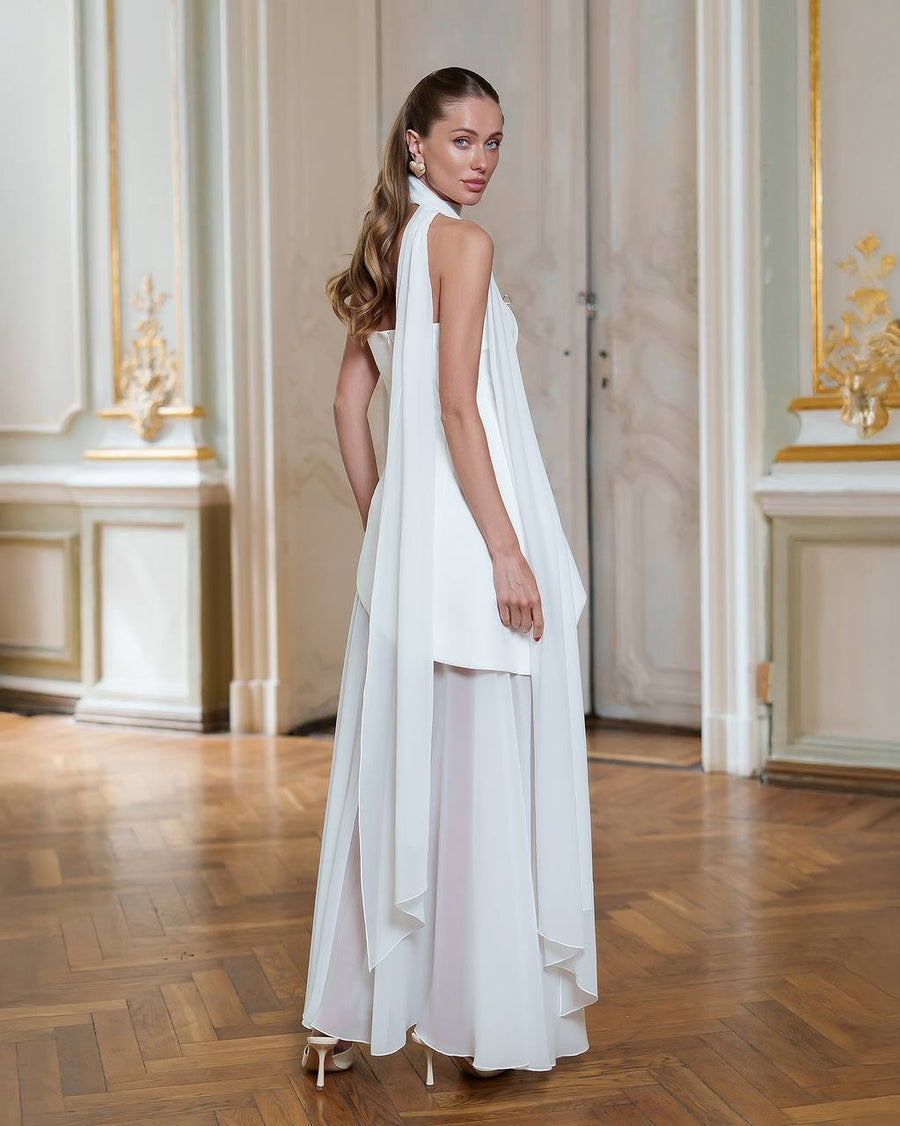 Asymmetric Cocktail Dress with Chiffon Skirt and Scarf