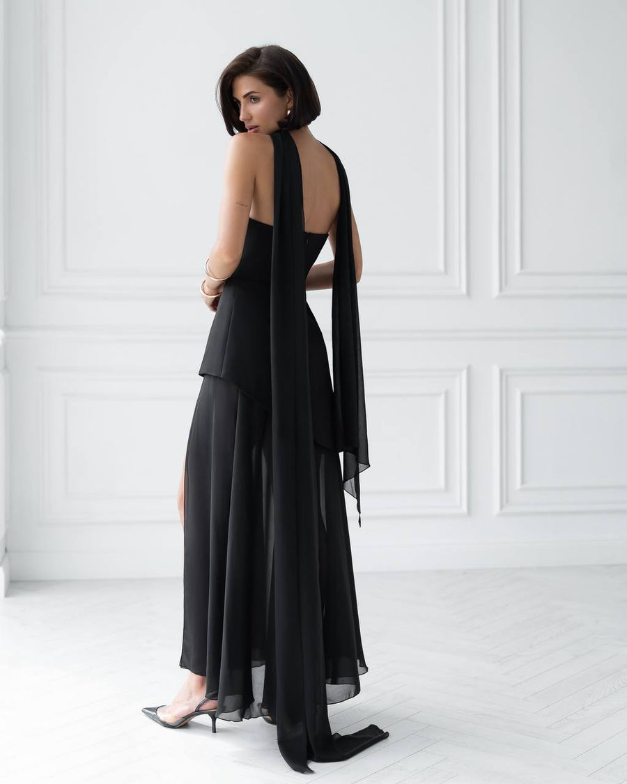 Asymmetric Cocktail Dress with Chiffon Skirt and Scarf