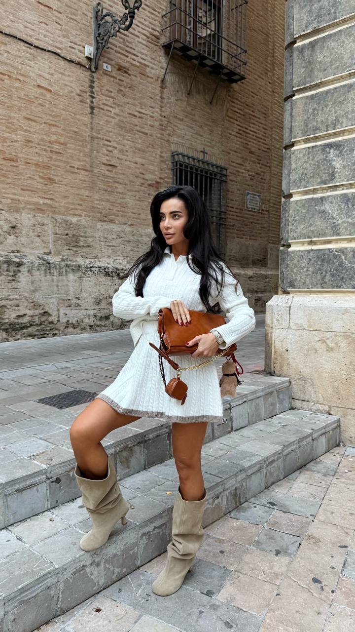 Cable-Knit Sweater & Skirt Set in Ivory