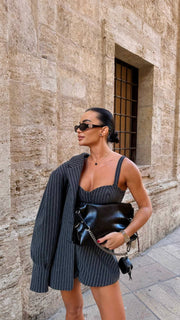 Pinstripe Three-Piece Suit Set: Blazer, Top & Shorts