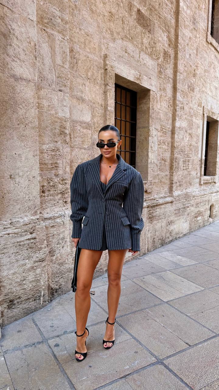 Pinstripe Three-Piece Suit Set: Blazer, Top & Shorts