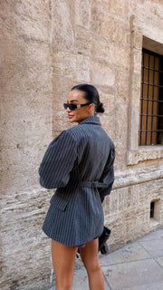 Pinstripe Three-Piece Suit Set: Blazer, Top & Shorts