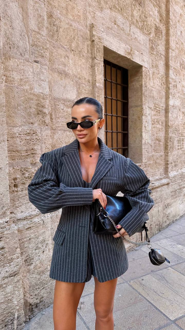 Pinstripe Three-Piece Suit Set: Blazer, Top & Shorts