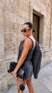 Pinstripe Three-Piece Suit Set: Blazer, Top & Shorts