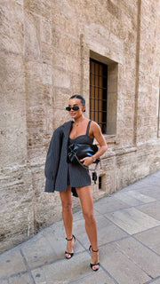 Pinstripe Three-Piece Suit Set: Blazer, Top & Shorts