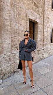 Pinstripe Three-Piece Suit Set: Blazer, Top & Shorts