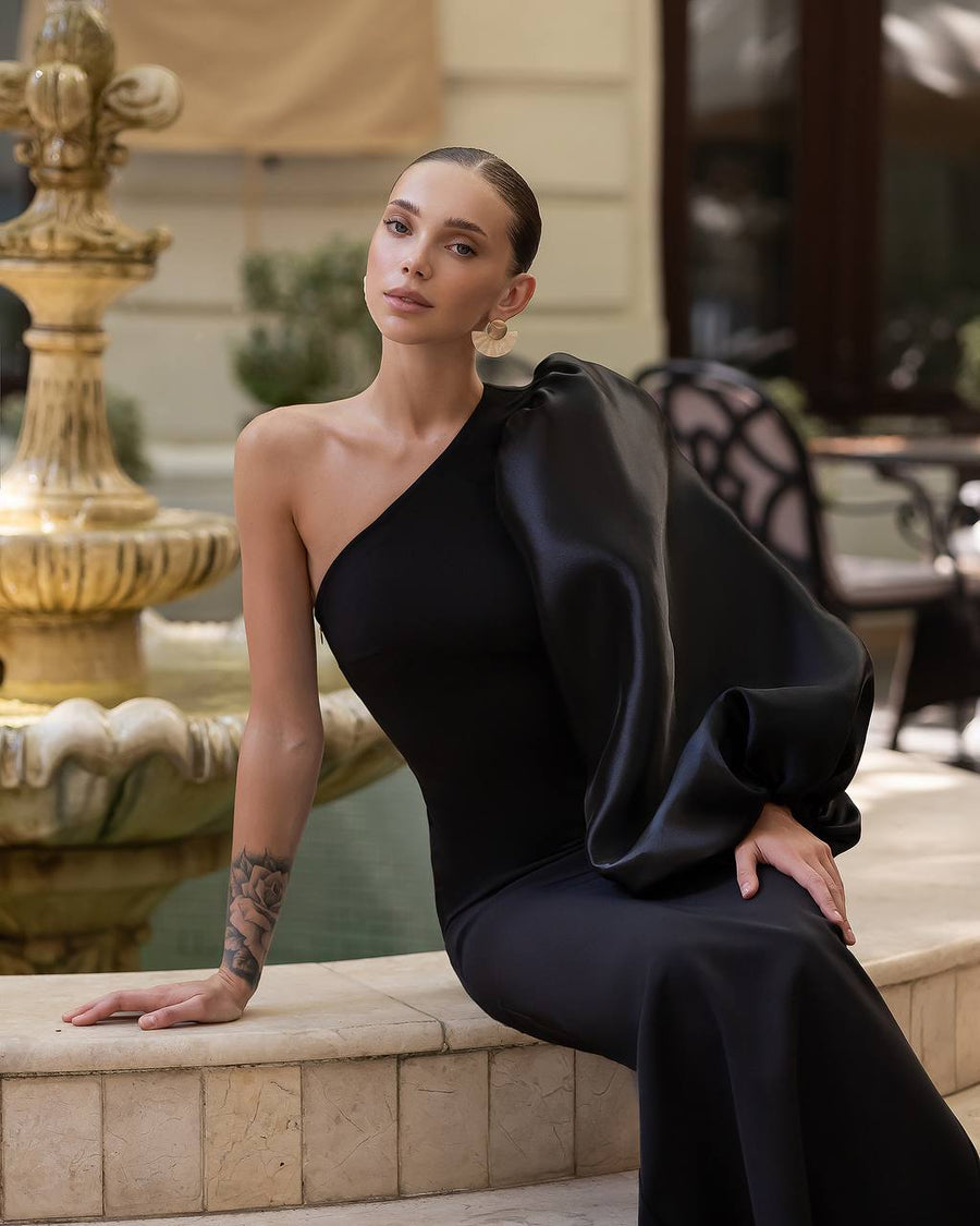 One-Shoulder Maxi Dress with Organza Sleeve