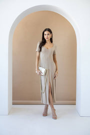 Beige Cotton Knit Midi Dress with Short Sleeves