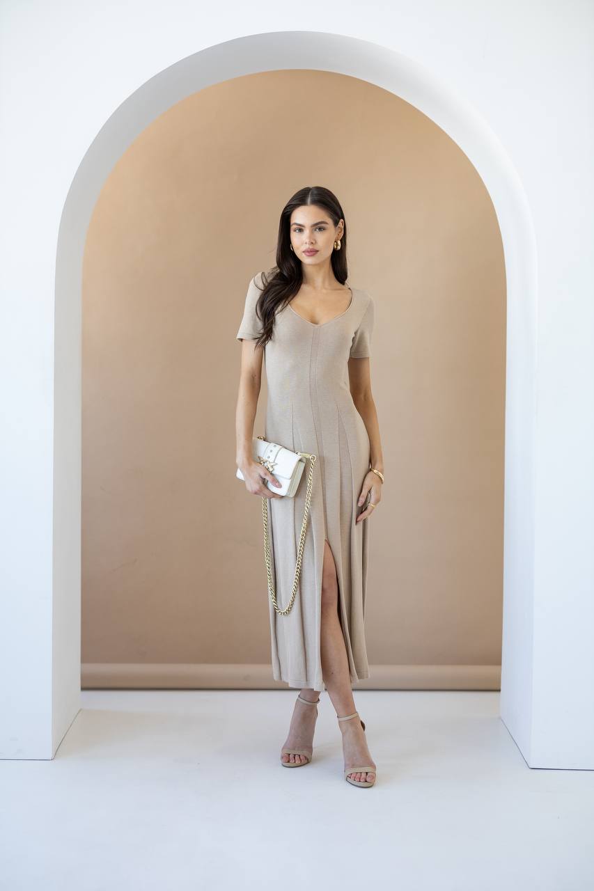 Beige Cotton Knit Midi Dress with Short Sleeves