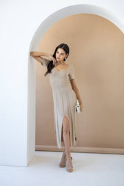 Beige Cotton Knit Midi Dress with Short Sleeves