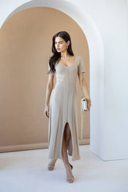 Beige Cotton Knit Midi Dress with Short Sleeves
