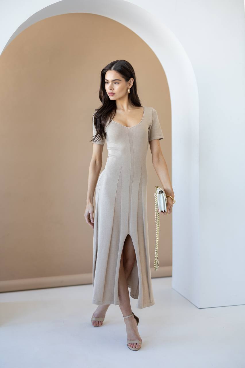 Beige Cotton Knit Midi Dress with Short Sleeves
