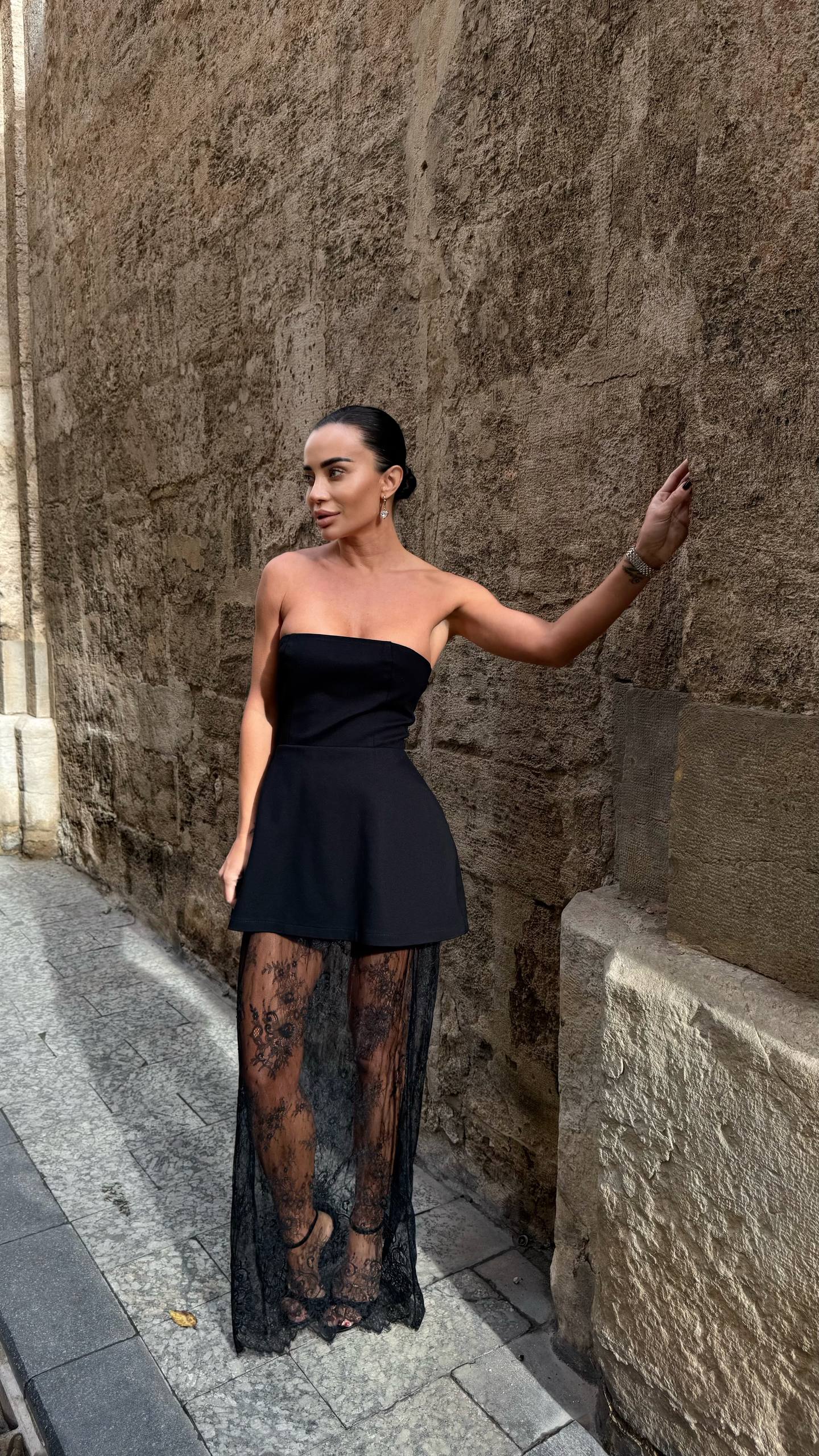 Black Three pieces Dress with Shorts and Lace Skirt