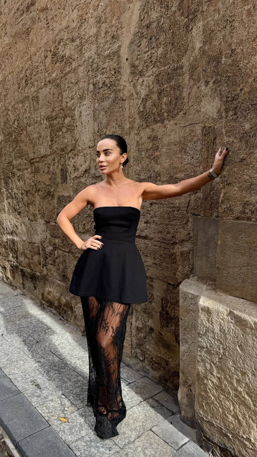 Black Three pieces Dress with Shorts and Lace Skirt