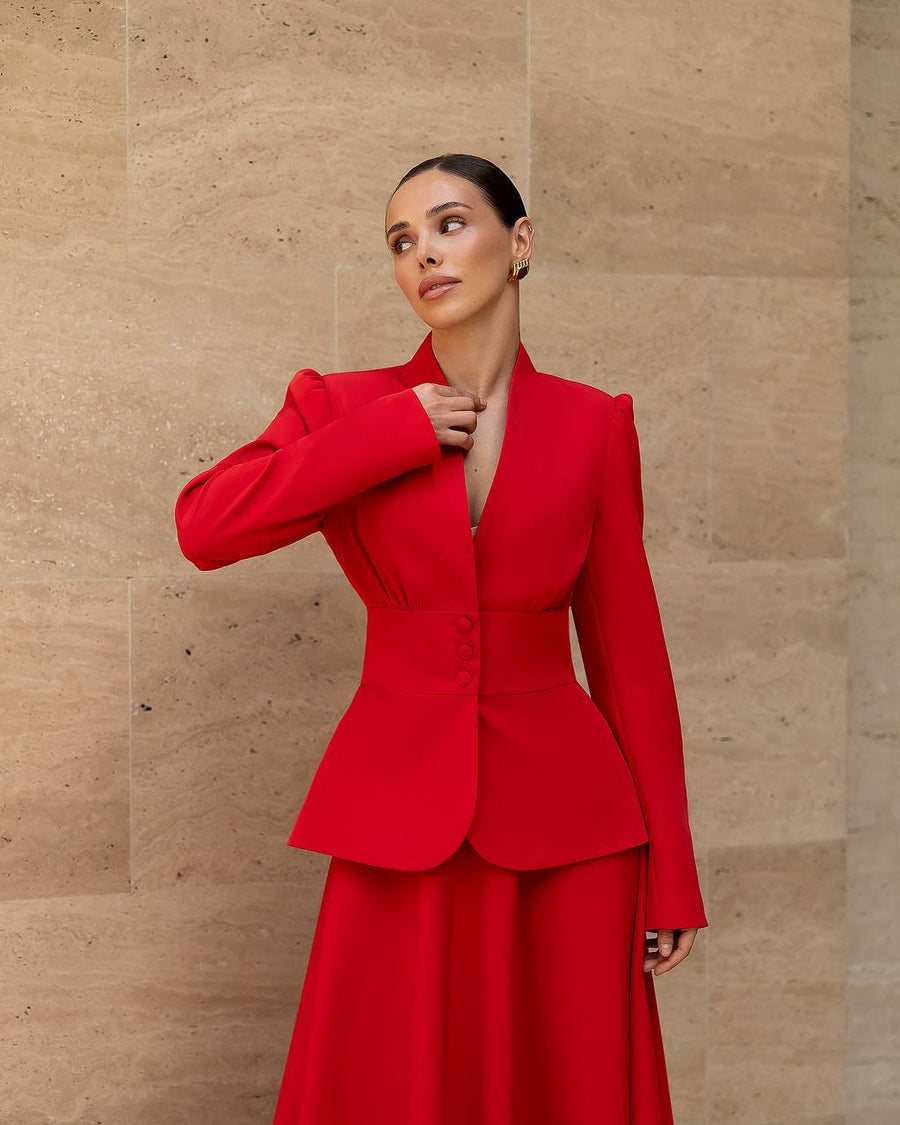 Elegante Suit Set with Fitted Jacket and Midi Skirt