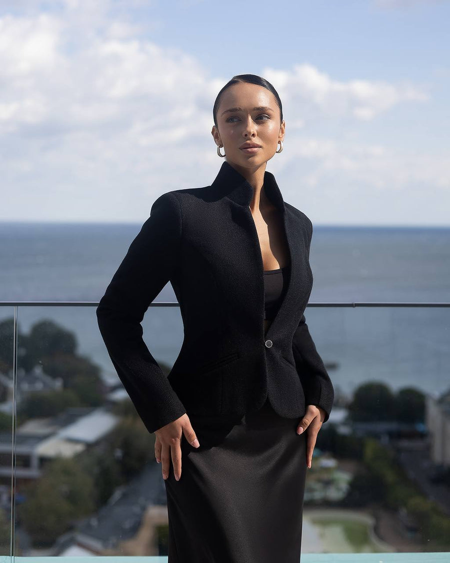 Tweed Stand Up Collar Blazer with One Button