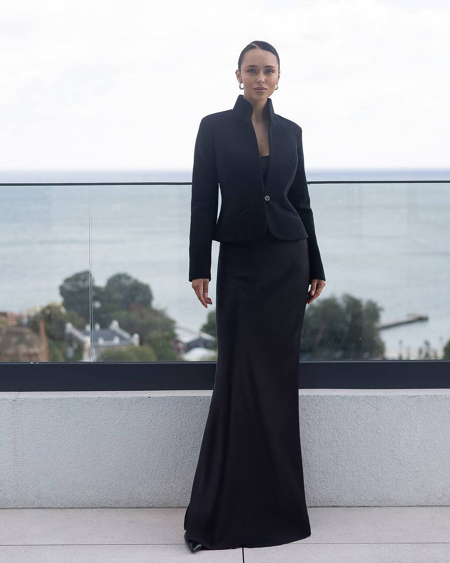 Tweed Stand Up Collar Blazer with One Button