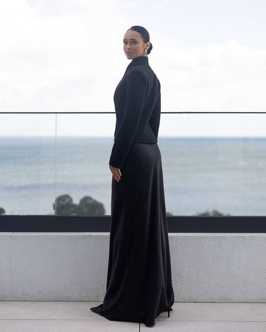 Tweed Stand Up Collar Blazer with One Button