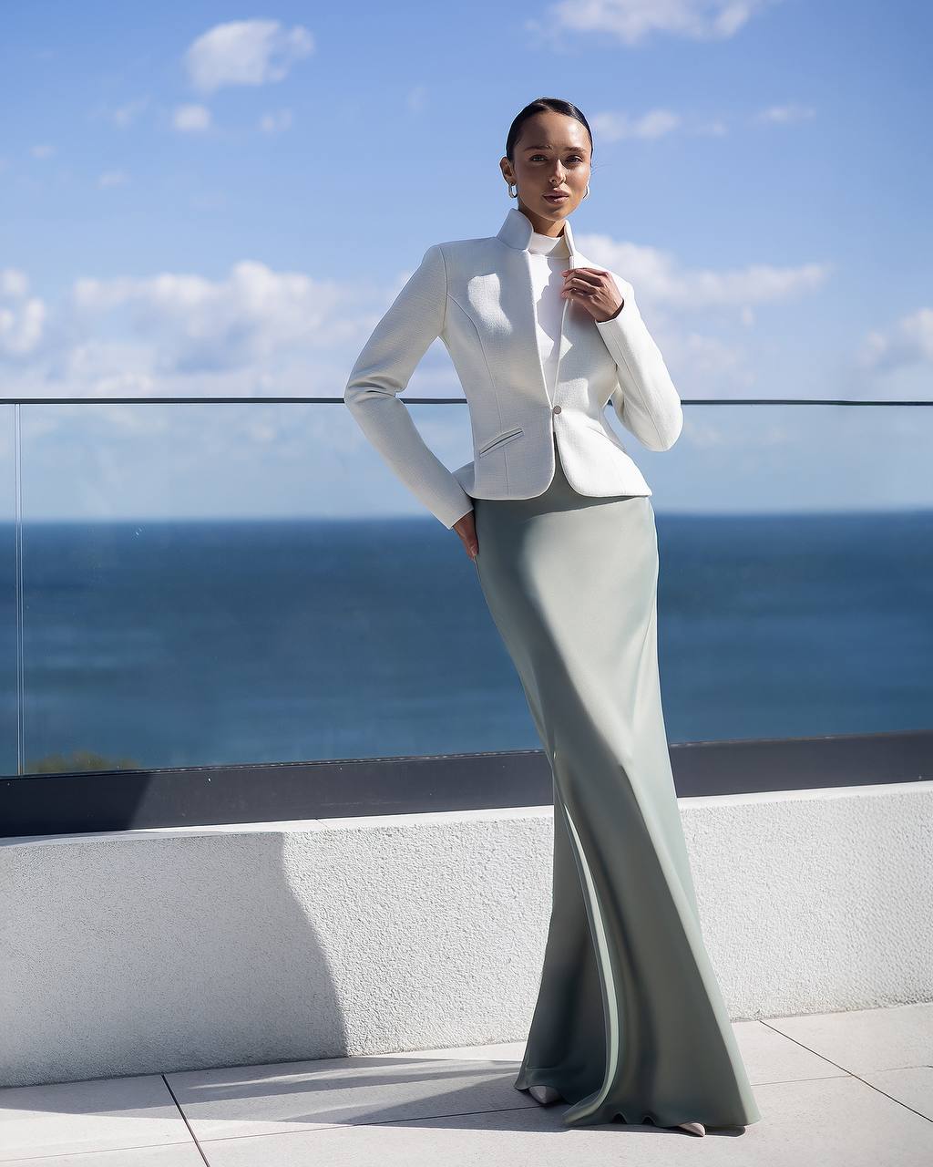 Tweed Stand Up Collar Blazer with One Button