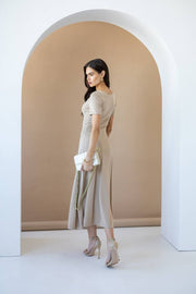 Beige Cotton Knit Midi Dress with Short Sleeves