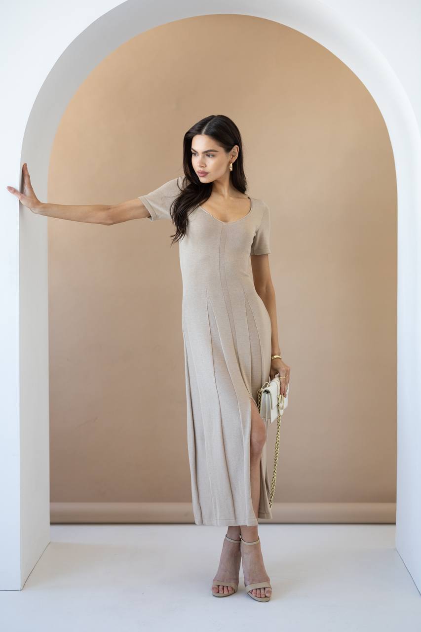 Beige Cotton Knit Midi Dress with Short Sleeves
