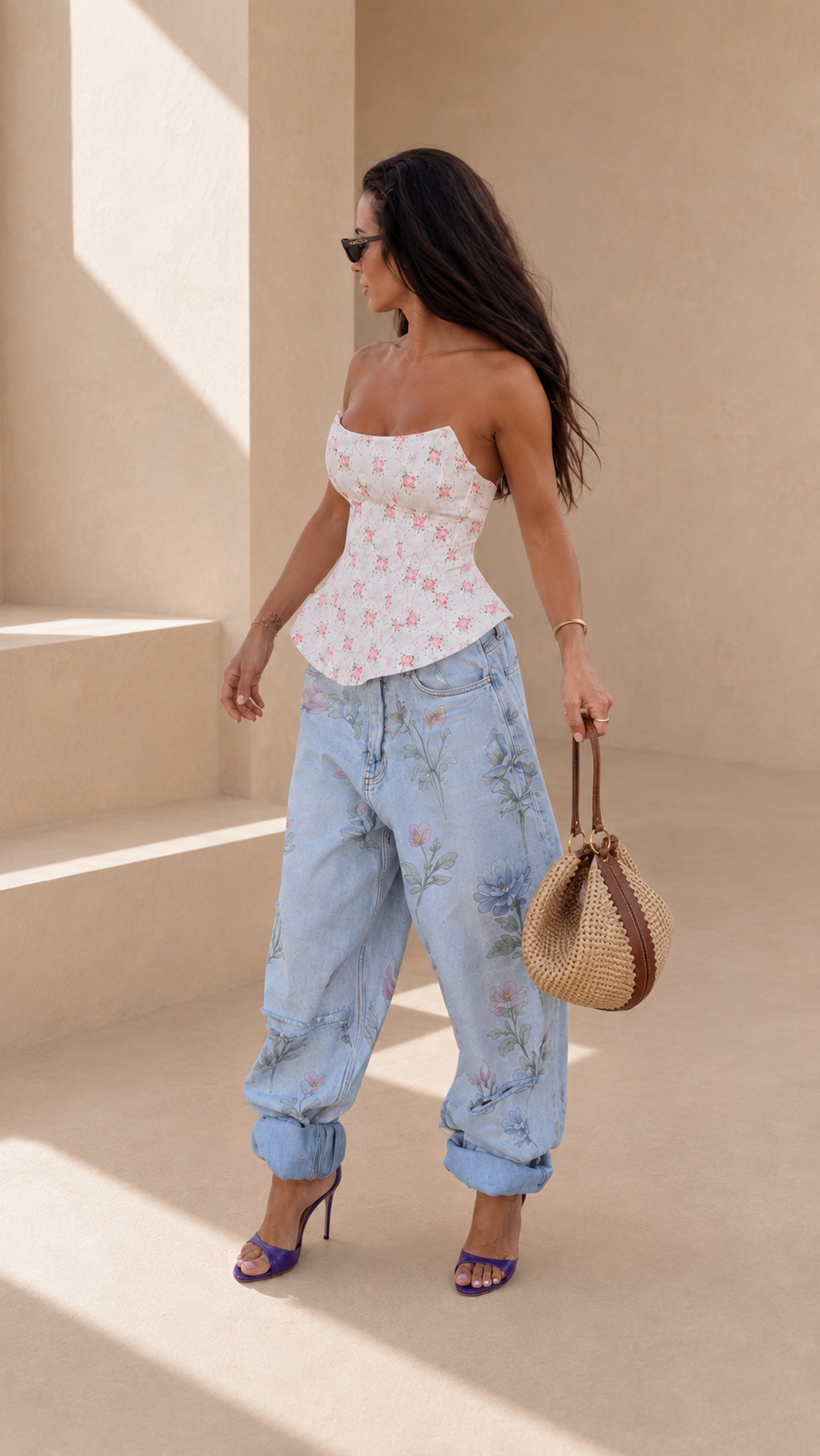 A woman stands in a sunlit beige architectural setting wearing a white strapless top with a pink floral print, light blue floral jeans, purple high heels, and holding a woven straw handbag.