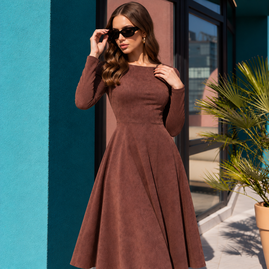 A woman wearing a long-sleeve brown A-line dress and black sunglasses, posing outdoors in front of a teal wall and glass door next to a potted palm.