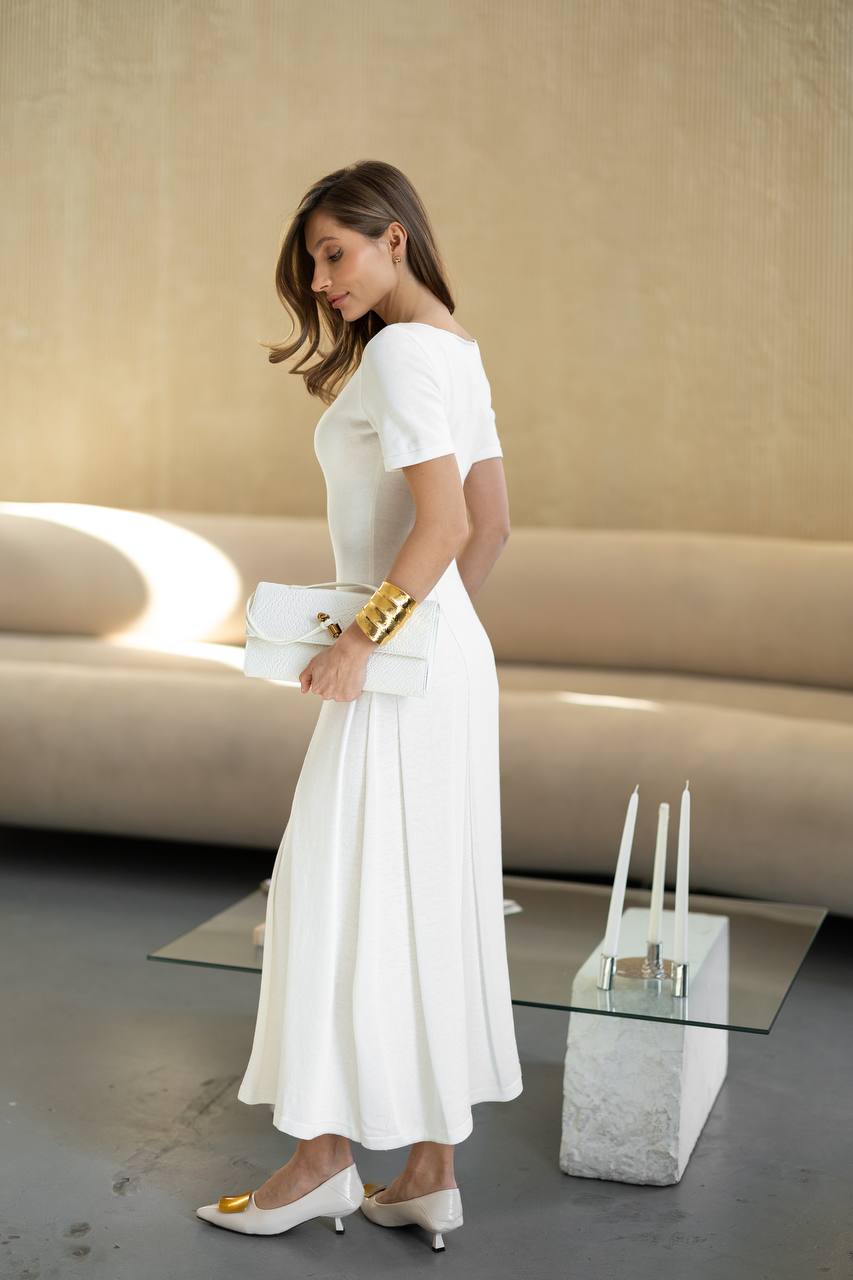 White Cotton Knit Midi Dress with Short Sleeves