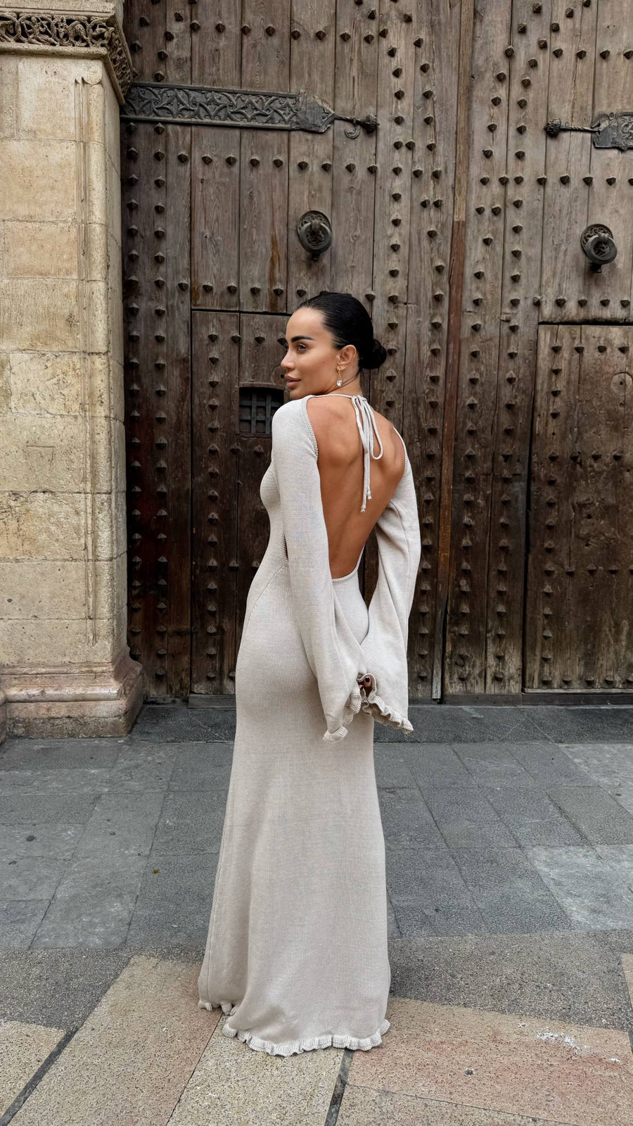 knitted maxi dress with open back product info and reviews Backless Maxi Knit Dress SNIDEL