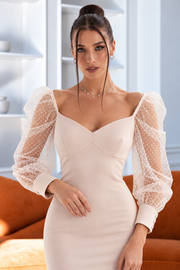 Ivory Midi Dress with sheer polka dot puff sleeves