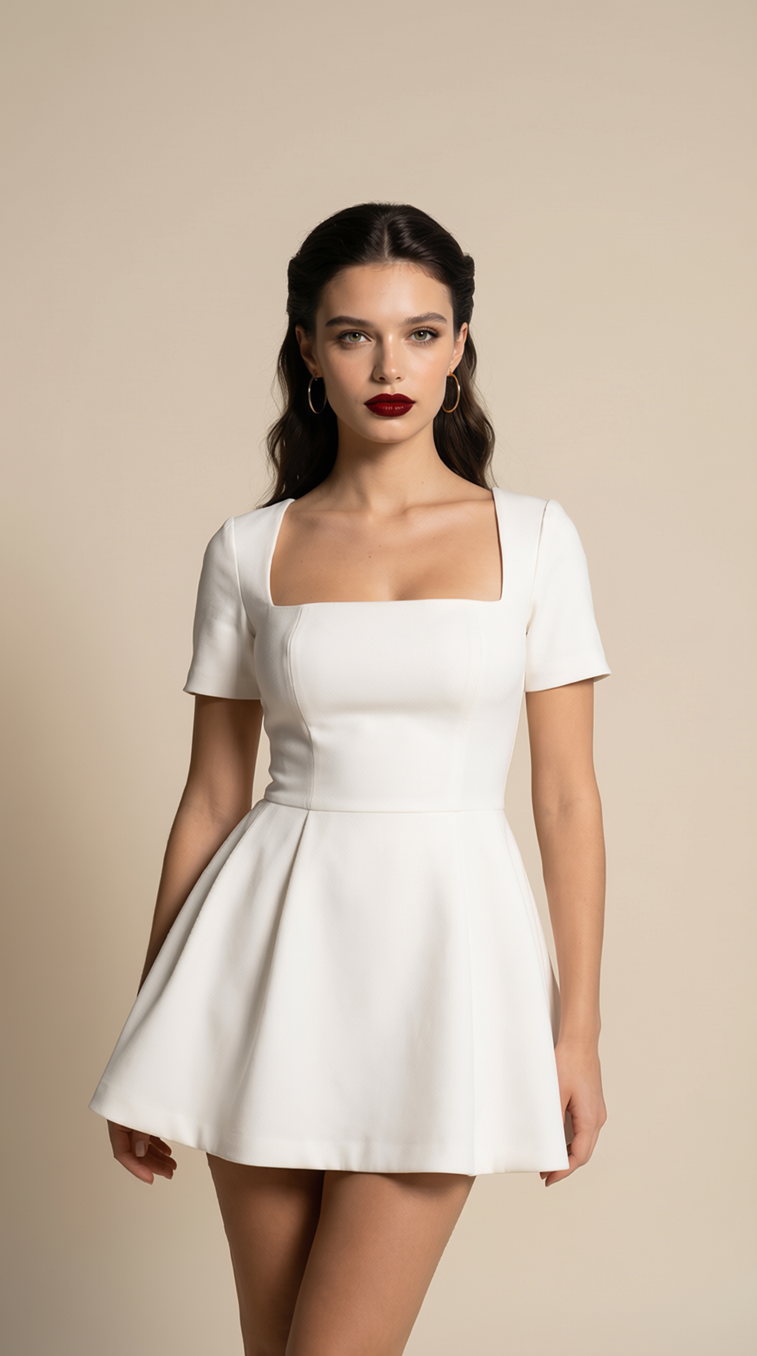 Woman wearing a white dress against a beige background