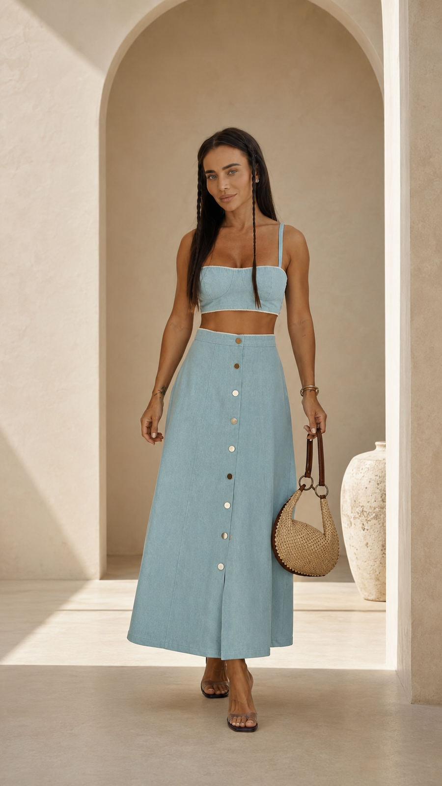 A woman models a light blue two-piece set consisting of a square-neck crop top and a high-waisted button-front maxi skirt, styled with a woven straw bag in a warm, sunlit architectural setting.