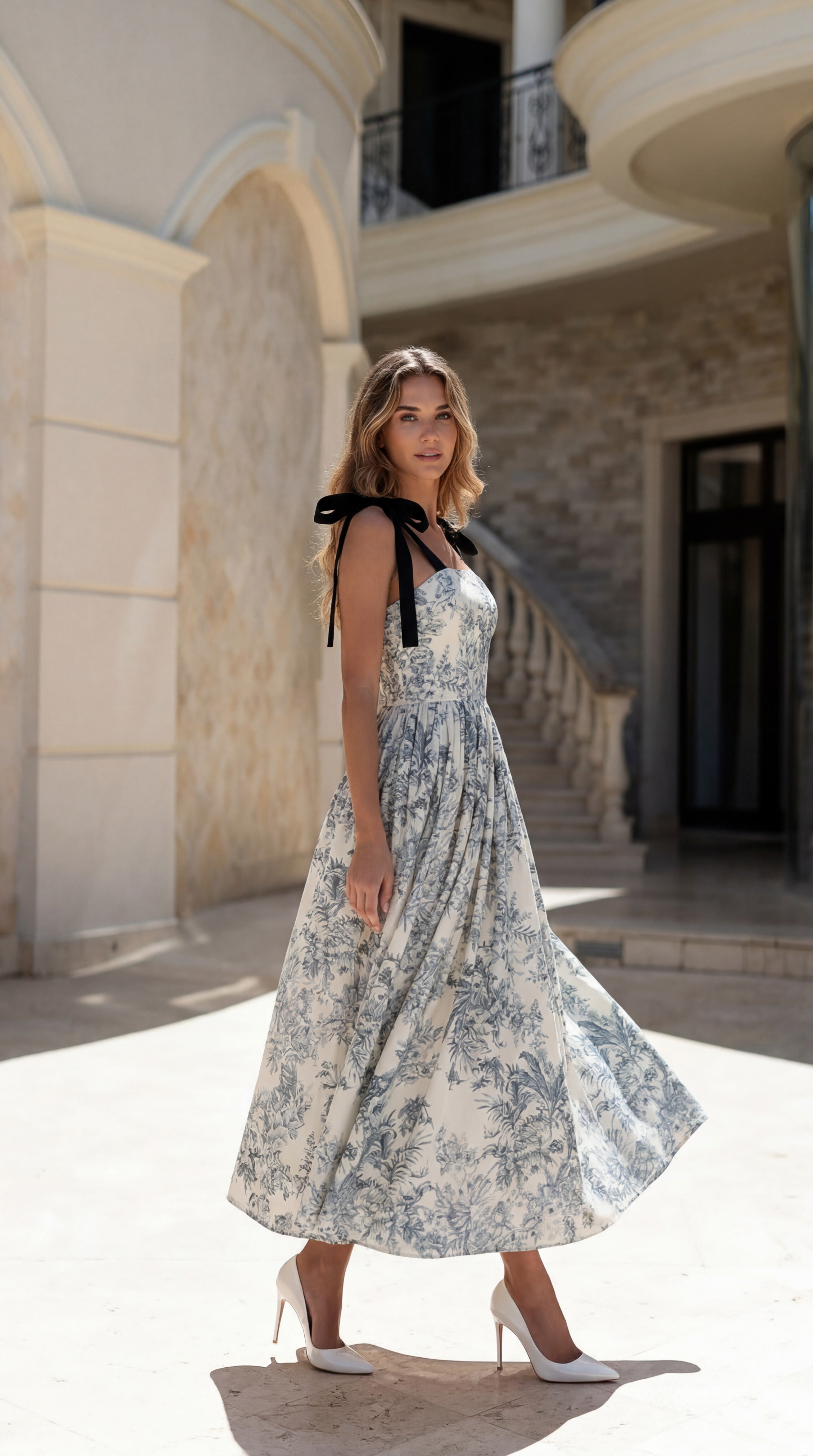Woman in a floral dress standing in an architectural setting