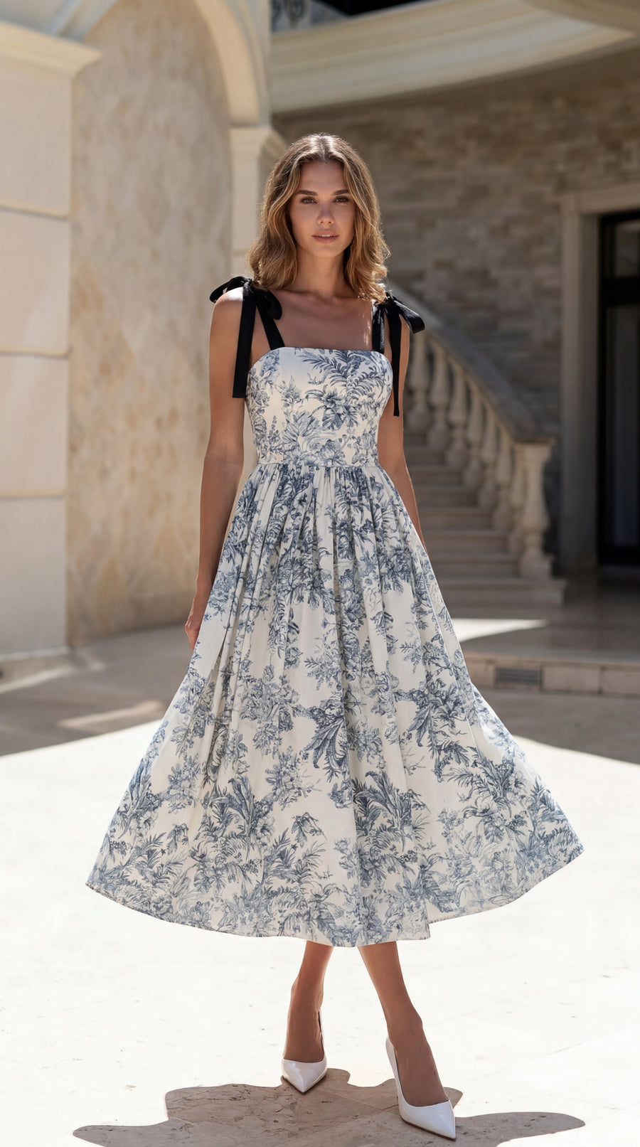 Woman wearing a floral dress with black bow straps in an outdoor setting.