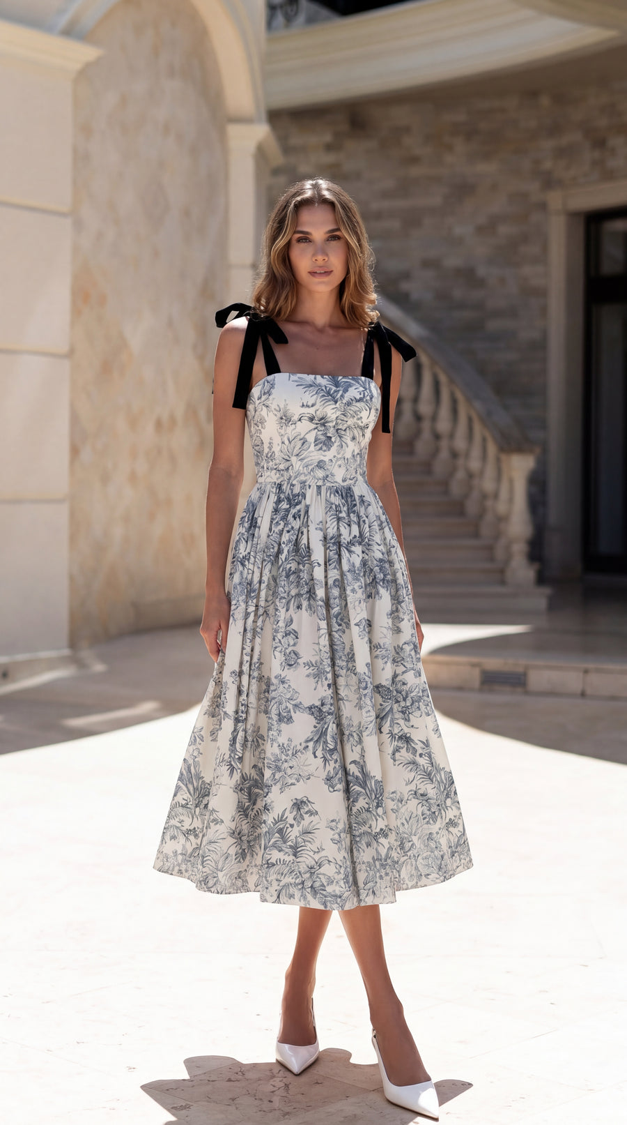 Woman wearing a floral dress with black bow straps in an outdoor setting.