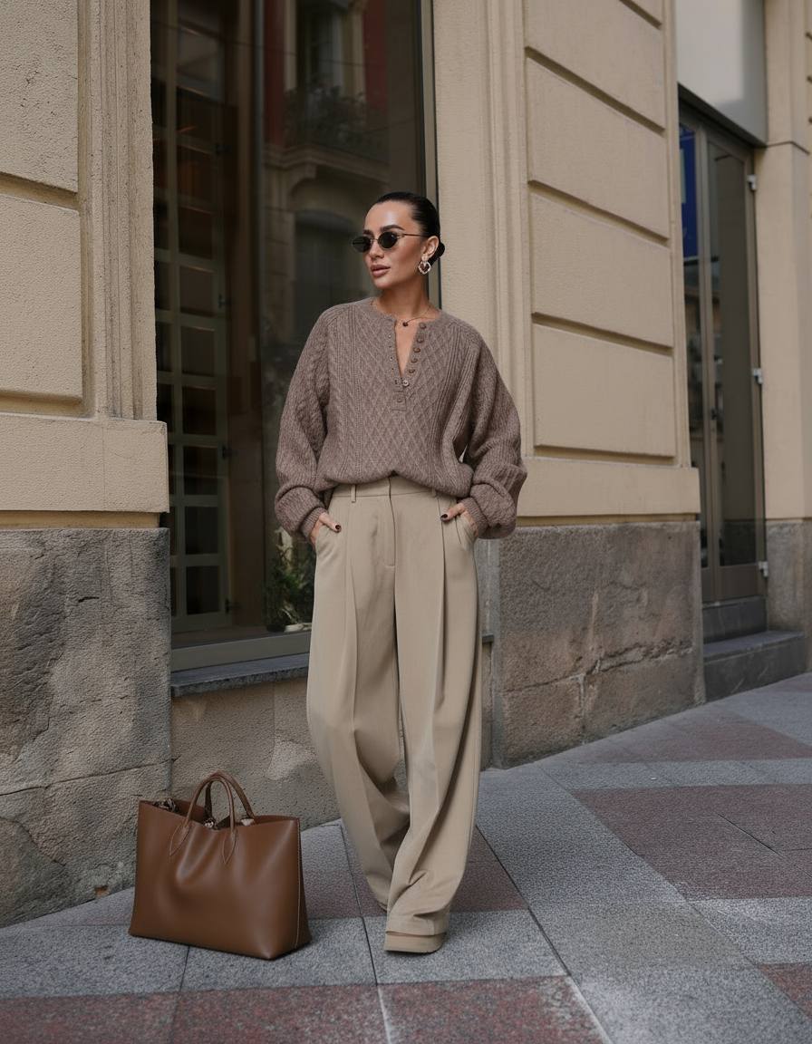 Woman in a brown sweater and beige pants standing on a city street, holding a brown bag.
