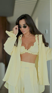 Yellow Cotton three-pieces Set with Top Shirt Pants