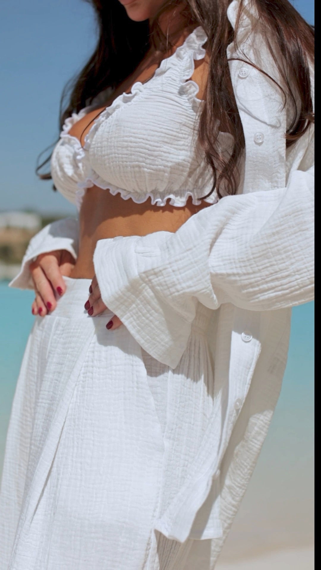 White Cotton three-pieces Set with Top Shirt Pants