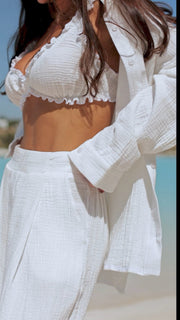 White Cotton three-pieces Set with Top Shirt Pants