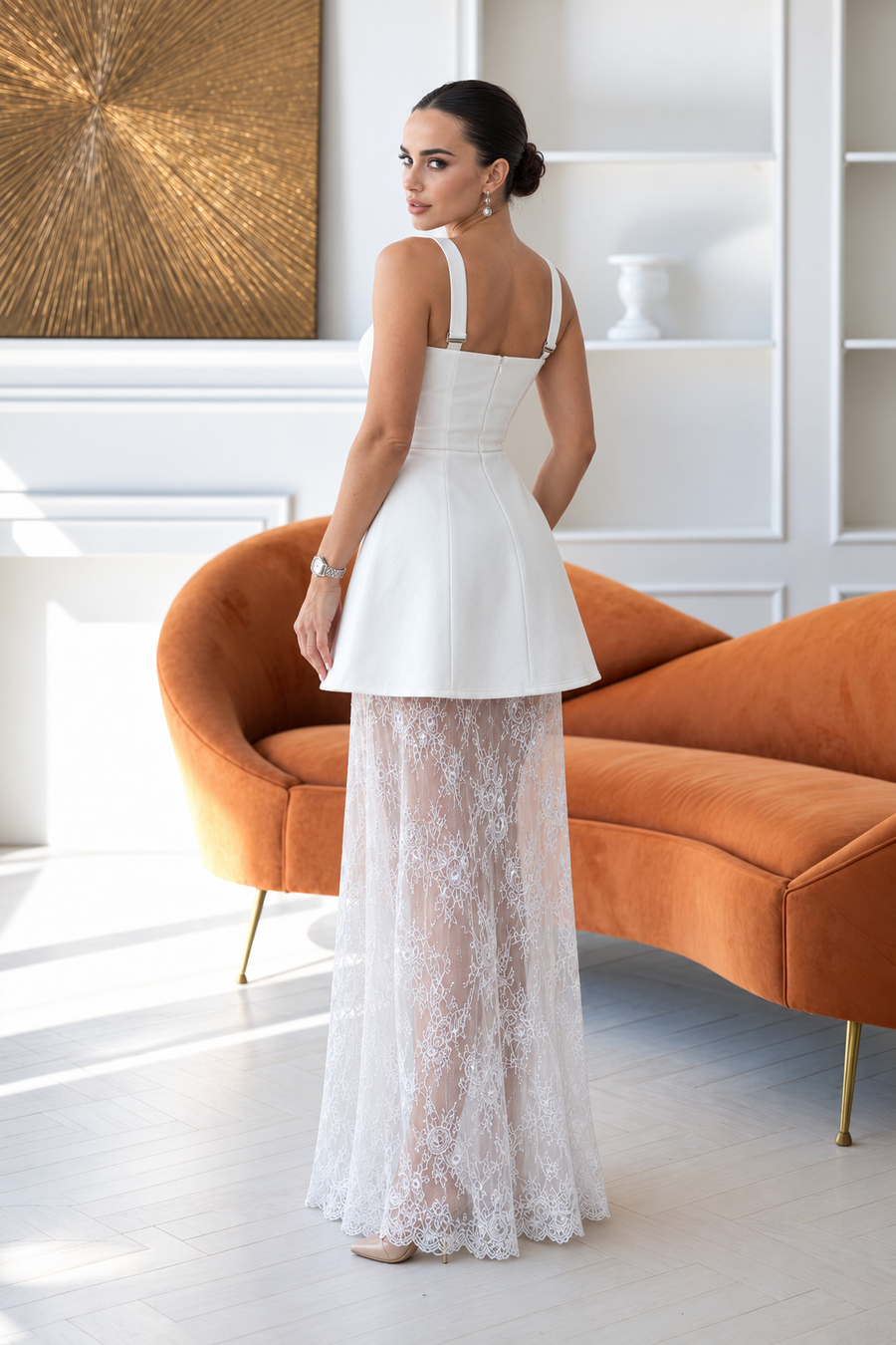Three pieces White Dress with Shorts and Lace Skirt